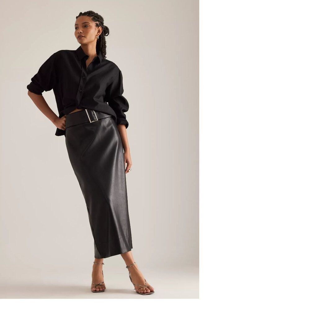 By Anthropologie Belted Faux-Leather Skirt size 6 black color new with tag nwt